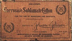 Early corrosive sublimate cotton packaging with the signature logo, c. 1887