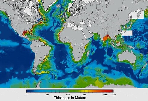Total sediment thickness of the world's oceans and continental margins in meters.