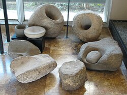Mortars from Natufian Culture, grinding stones from Neolithic pre-pottery phase (Dagon Museum)