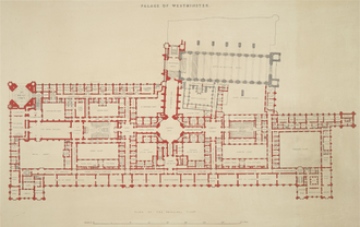 Layout of the principal floor, with north to the right. The Central Lobby is the octagonal space in the centre; the Commons chamber is to the north, with the Elizabeth Tower beyond. The Lord's Chamber is to the south, with the monarch's rooms beyond. Westminster Hall is to the west, at an angle.
