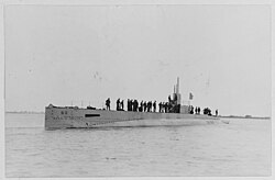 USS S-2 backing at low speed, probably off Bridgeport, Connecticut, at the time of her builders' trials in September 1919, many of the men standing on her deck are civilians