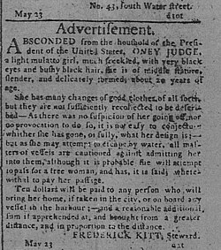 Advertisement in Pennsylvania Gazette, May 24, 1796, seeking the return of Oney Judge, a fugitive slave who had escaped from the household of George Washington