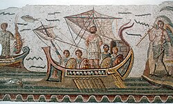 A scene from the Odyssey portrayed in an Ancient Roman mosaic