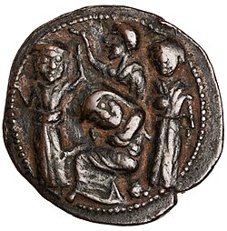 Four women mourning the death of Saladin, on a coin of the Turkmen Artuqid lord of Mardin Husam al-Din Yuluq Arslan, a vassal of Saladin, 589 H (1193 CE).[153]