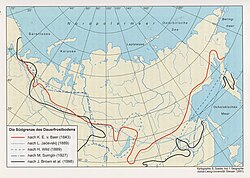 Southern limit of permafrost according to Karl Ernst von Baer (1843), and other authors. The southern limit of permafrost as delineated by Baer in 1843 corresponds well with the actual limit defined by Jerry Brown (1998).