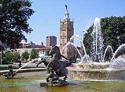 J.C. Nichols Memorial Fountain, by Henri-Léon Gréber, is in Mill Creek Park, adjacent to Country Club Plaza.