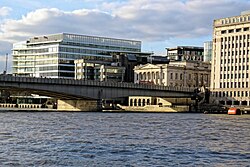 GB News headquarters, Riverbank House (building pictured on left), is separate from its studios in Paddington.