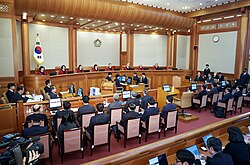 The Constitutional Court of Korea holding a hearing in the impeachment trial for President Yoon Suk Yeol, with Yoon in attendance (on the right) as the defendant, 21 January 2025