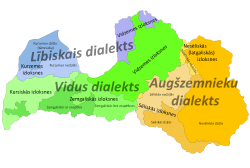 Geographical distribution of the dialects in Latvia. Varieties of the Livonic dialect (Lībiskais dialekts) are in blue, the Central dialect (Vidus dialekts) in green, the High Latvian dialect (Augšzemnieku dialekts) in yellow.