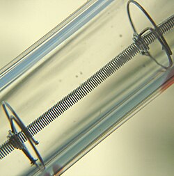 Close-up of a tungsten filament inside a halogen lamp. The two ring-shaped structures left and right are filament supports.