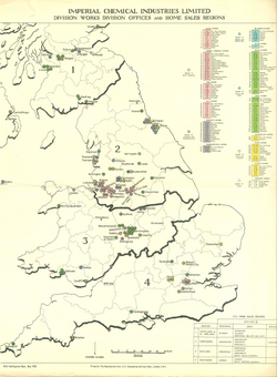 Map showing Imperial Chemical Industries sales regions, offices and factories in the United Kingdom in May 1955