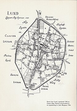 Kaspar Magnus Espman's map of Lund from 1784, showing the structure of the medieval centre.