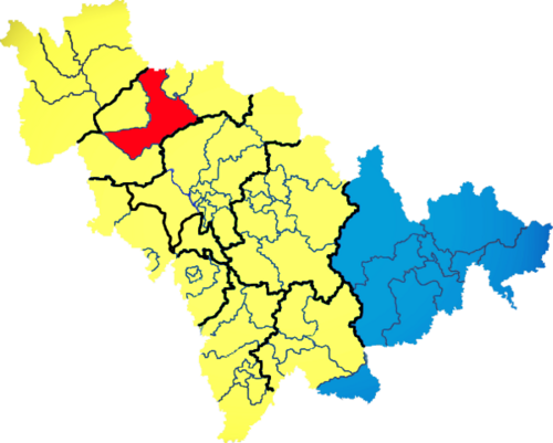 Languages spoken in Jilin: yellow: Mandarin; blue: Korean; red: Mongolian