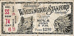 1930 football ticket stub depicting the UW Husky mascot