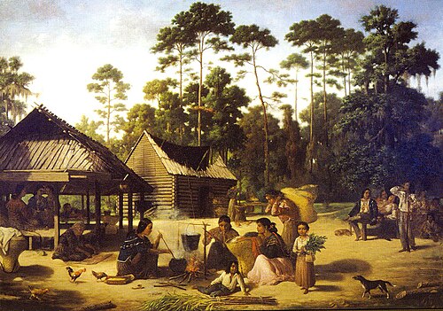 Choctaw Village near the Chefuncte, by Francois Bernard, 1869, Peabody Museum – Harvard University. The Choctaw people had a great impact on the development of Louisiana French.