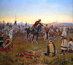 Single-Handed, Charles Marion Russell 1912. The painting shows a North-West Mounted Police officer attempting to arrest a defiant warrior at a Blood camp, probably in Alberta or Saskatchewan.
