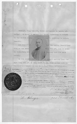 An 1894 notarized statement by witnesses attesting to the identity of Wong Kim Ark. A photograph of Wong is affixed to the statement.