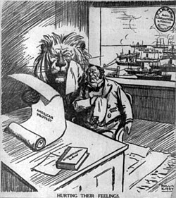 "Hurting Their Feelings": Political cartoon from November 9, 1915, shows the British lion and John Bull reading a newspaper about US anti-war protests and crying, while US ships and cargo appear in the harbor behind them