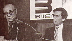 Argentine writer Ernesto Sabato (left) with Mario Vargas Llosa (right) in 1981