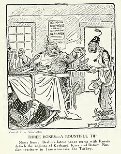 "Three bones—a bountiful tip", a political cartoon from 1918 by American cartoonist E. A. Bushnell