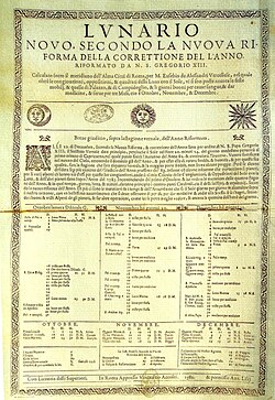Lunario Novo, Secondo la Nuova Riforma della Correttione del l'Anno Riformato da N.S. Gregorio XIII,[k] printed in Rome by Vincenzo Accolti in 1582, one of the first printed editions of the new calendar