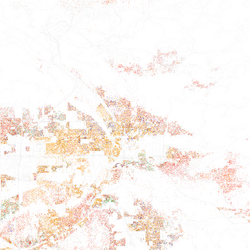 Map of racial distribution in San Bernardino, 2010 U.S. Census. Each dot is 25 people: ⬤ White ⬤ Black ⬤ Asian ⬤ Hispanic ⬤ Other