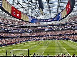 Spain playing against Belgium during the quarter-finals of the 2026 FIFA World Cup at SoFi Stadium in Los Angeles