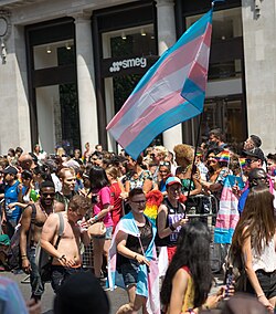 Transgender pride flags at the 2018 London pride parade.