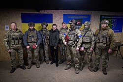 Zelenskyy and Commander-in-Chief Oleksandr Syrskyi with members of the 14th Mechanized Brigade on the Kupiansk front, 12 December 2025