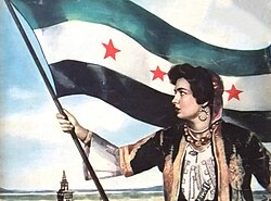 Portrait of a woman with the national flag of Syria, also known as "The Independence flag".