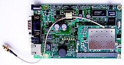 A RouterBoard 112 with U.FL-RSMA antenna cable and R52 mini PCI Wi-Fi card, a setup widely used by wireless Internet service providers (WISPs) in the Czech Republic