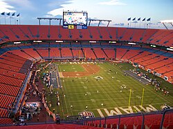 The interior of Land Shark Stadium in September 2009 when the Florida Marlins, Miami Dolphins, and Miami Hurricanes were all playing there simultaneously prior to the Marlins' 2012 move to LoanDepot Park