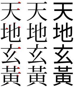 From left to right: a serif typeface with serifs in red, a serif typeface, and a sans-serif typeface