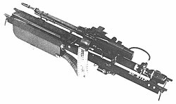 This M60 machine gun is part of an XM2 armament subsystem; it is aimed and fired from the aircraft rather than directly.