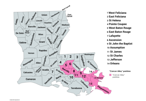 Parishes of Louisiana that comprise "Cancer Alley",[6][7][8] marked in pink