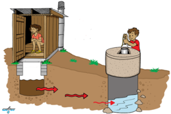 Waterborne diseases can be spread via a well which is contaminated with fecal pathogens from pit latrines.