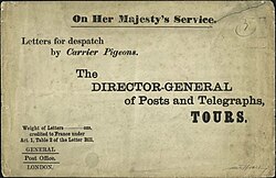 Cover that contained mail to be sent by pigeon post