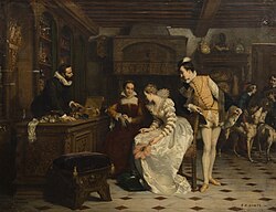 Jeanne III of Navarre buying poisoned gloves from Catherine de Medici's parfumeur, René, history painting by Pierre-Charles Comte.