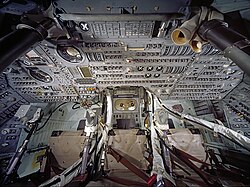 Original cockpit of the command module of Apollo 11 with three seats, photographed from above. It is located in the National Air and Space Museum; the very high resolution image was produced in 2007 by the Smithsonian Institution.