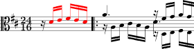 Beginning of Bach's BWV 736, with upbeat (anacrusis) in red. Playⓘ