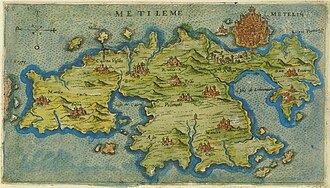 Map of Lesbos by Giacomo Franco (1597). The lagoon near Kalloni (labelled "Calona") where Aristotle studied marine zoology is in the centre of the island.