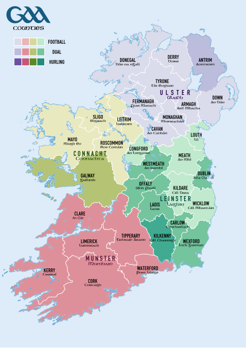 Counties contesting the All-Ireland Senior Football Championship (light colours), All-Ireland Senior Hurling Championship (dark colours), or both (other colours); however, almost all counties contest both the National Football League and the National Hurling League.