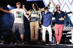 Weezer at the 2017 Bumbershoot music festival. From left to right: Patrick Wilson, Brian Bell, Rivers Cuomo, and Scott Shriner.