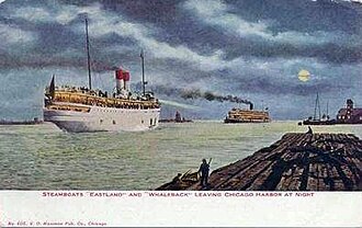 The passenger ship SS Eastland (foreground) leaving Chicago, c. 1909