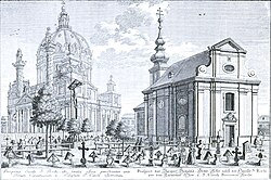 Historic view of the Bürgerspital-Gottesacker cemetery and chapel, where Vivaldi's tomb used to be. They stood next to St. Charles Church until 1807.