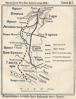 The Brusilov Offensive, with starting positions on 4 June 1916 (thick solid line), initial advances on 16 June (thinner jagged line), and final positions on 20 September (dotted line)