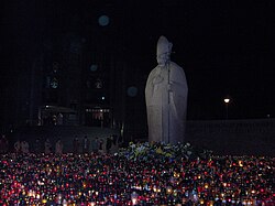 Candles around monument to John Paul II in Zaspa, Gdańsk, at the time of his death