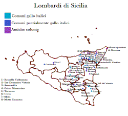 Lombard (Northern Italian) colonies of Sicily: in light blue: the cities where Gallo-Italic language is spoken today. In dark blue: the cities where there is a good influence of the Gallo-Italic language. In purple: ancient Gallo-Italic colonies, the influence in these cities is variable, also some districts of Messina were colonized.