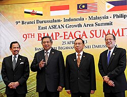 BIMP-EAGA meeting in the office of Brunei Prime Minister on 25 April 2013. From left: Brunei Sultan Hassanal Bolkiah, Indonesian President Susilo Bambang Yudhoyono, Malaysian Representative and Filipino President Benigno Aquino III. Brunei is part of the BIMP-EAGA, a subregional economic co-operation initiative in Southeast Asia.