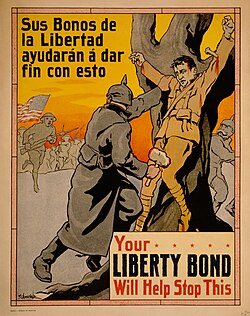 Poster showing a German soldier nailing a man to a tree, as American soldiers come to his rescue. Published in Manila by Bureau of Printing (1917).